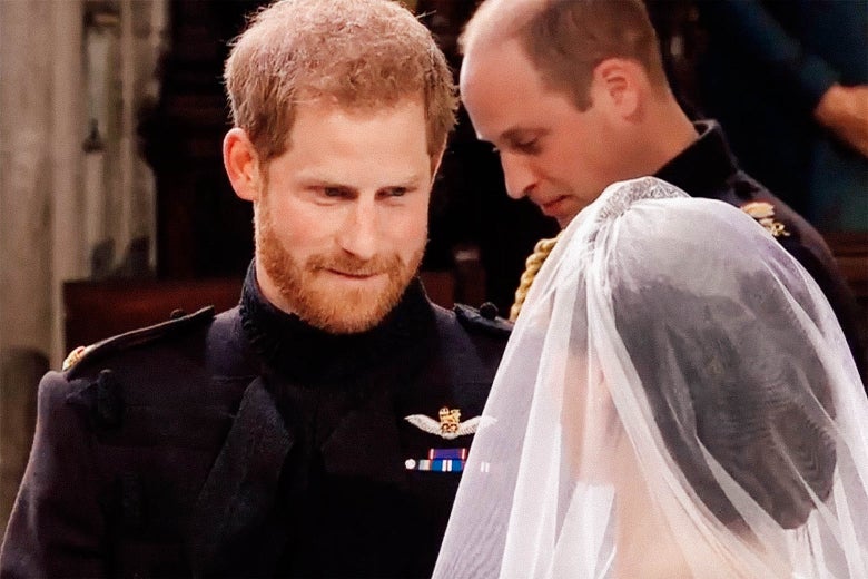 Prince Harry bites his lip while gazing upon the visage of his bride.